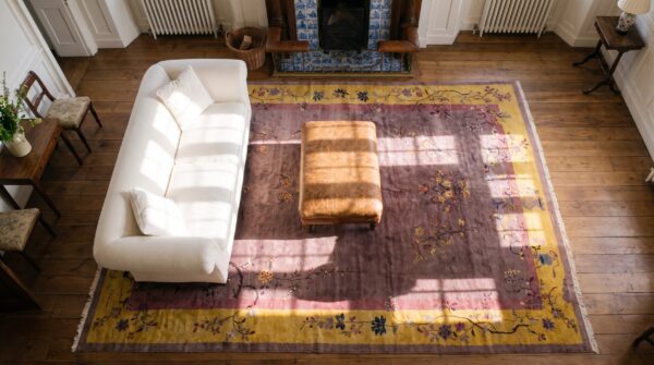 Antique oversized chinese - art deco wool room size purple rug (sku 21886) - styled overhead view