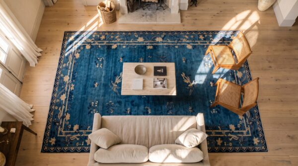 Antique oversized chinese - peking rug 2 Antique oversized chinese - peking rug (sku 23298) - styled overhead view