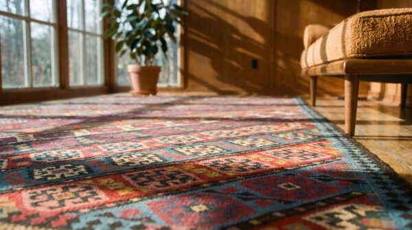 Oversized colorful antique late 19th century tribal geometric caucasian flat weave kilim rug 9 Oversized colorful antique late 19th century tribal geometric caucasian flat weave kilim rug (sku 18961) - in-room detail