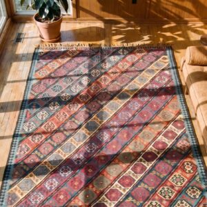 Oversized Colorful Antique Late 19th Century Tribal Geometric Caucasian Flat Weave Kilim Rug (SKU 18961) - styled overhead view