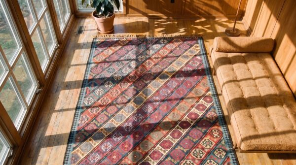 Oversized colorful antique late 19th century tribal geometric caucasian flat weave kilim rug 2 Oversized colorful antique late 19th century tribal geometric caucasian flat weave kilim rug (sku 18961) - styled overhead view