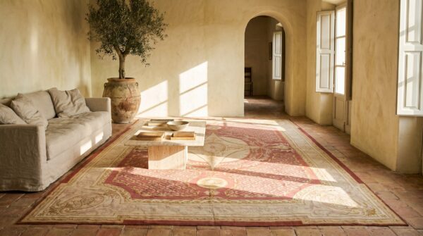 Antique oversized coral aubusson french flat weave rug 11 Antique oversized coral aubusson french flat weave rug (sku 17233) - room view