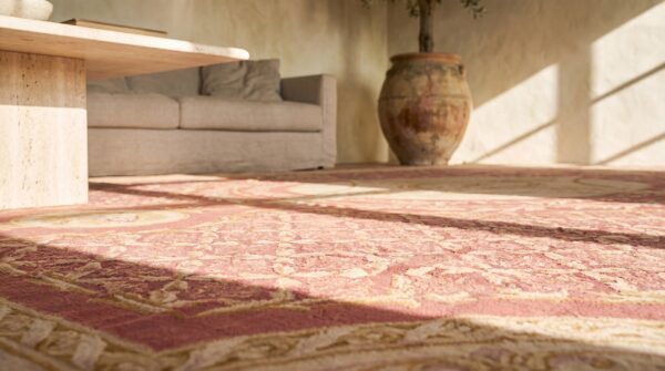 Antique oversized coral aubusson french flat weave rug 12 Antique oversized coral aubusson french flat weave rug (sku 17233) - in-room detail