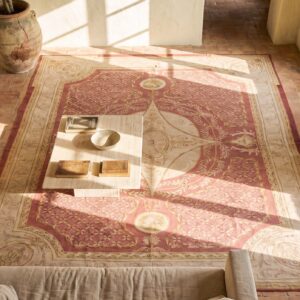 Antique Oversized Coral Aubusson French Flat Weave Rug (SKU 17233) - styled overhead view