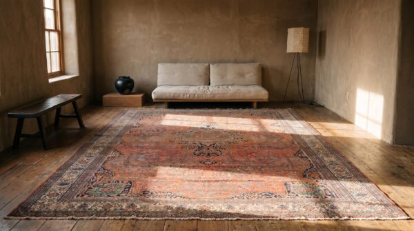 Antique oversized coral sarouk - farahan persian knotted rug 9 Antique oversized coral sarouk - farahan persian knotted rug (sku 20281) - room view