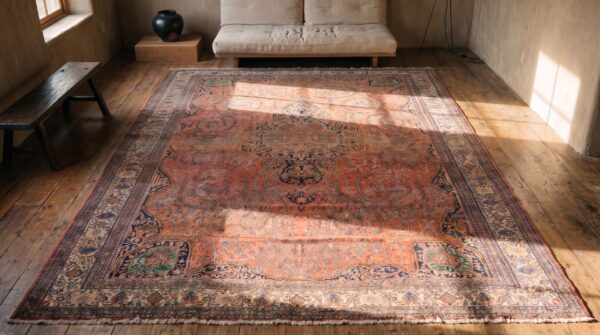 Antique oversized coral sarouk - farahan persian knotted rug 2 Antique oversized coral sarouk - farahan persian knotted rug (sku 20281) - styled overhead view