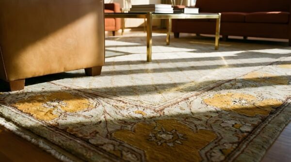 Antique oversized donegal - arts & crafts ireland allover geometric rug 9 Antique oversized donegal - arts & crafts ireland allover geometric rug (sku 25141) - in-room detail