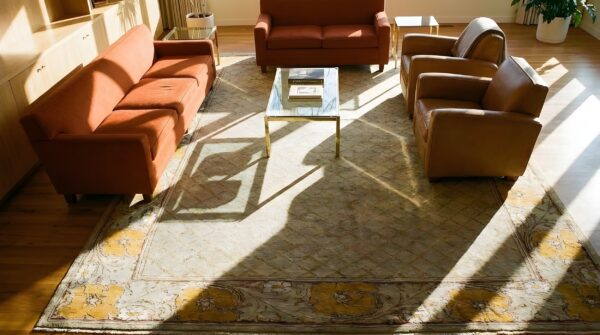 Antique oversized donegal - arts & crafts ireland allover geometric rug 2 Antique oversized donegal - arts & crafts ireland allover geometric rug (sku 25141) - styled overhead view