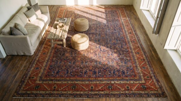 Antique oversized farahan persian knotted rug 2 Antique oversized farahan persian knotted rug (sku 19951) - styled overhead view