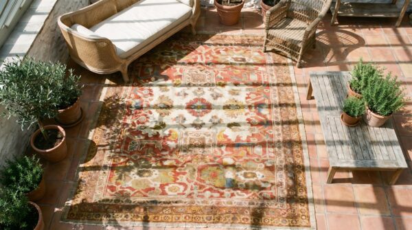 Oversized antique late 19th century ivory allover persian ziegler sultanabad carpet 2 Oversized antique late 19th century ivory allover persian ziegler sultanabad carpet (sku 18097) - styled overhead view
