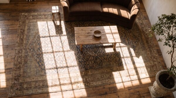 Antique oversized malayer wool room size blue rug 2 Antique oversized malayer wool room size blue rug (sku 23300) - styled overhead view