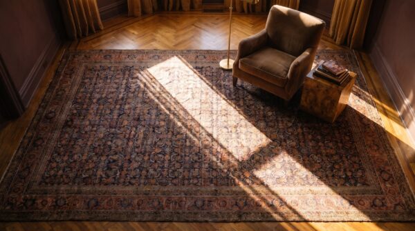 Antique oversized n. Persian persian geometric knotted rug 2 Antique oversized n. Persian persian geometric knotted rug (sku 24315) - styled overhead view
