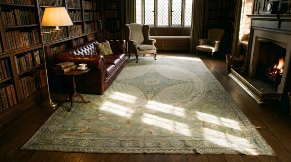 Antique oversized needlepoint english medallion flat weave rug 7 Antique oversized needlepoint english medallion flat weave rug (sku 23766) - room view