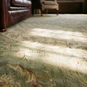 Antique Oversized Needlepoint English Medallion Flat Weave Rug (SKU 23766) - in-room detail
