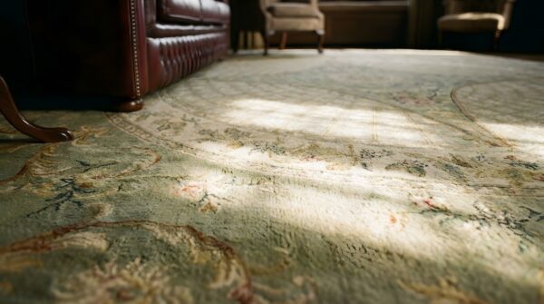 Antique oversized needlepoint english medallion flat weave rug 8 Antique oversized needlepoint english medallion flat weave rug (sku 23766) - in-room detail