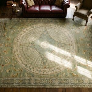 Antique Oversized Needlepoint English Medallion Flat Weave Rug (SKU 23766) - styled overhead view