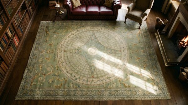 Antique oversized needlepoint english medallion flat weave rug 2 Antique oversized needlepoint english medallion flat weave rug (sku 23766) - styled overhead view
