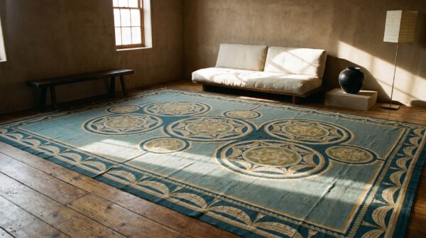 Antique oversized needlepoint portugal flat weave rug (sku 17482) - room view