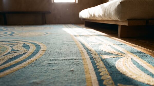 Antique oversized needlepoint portugal flat weave rug (sku 17482) - in-room detail