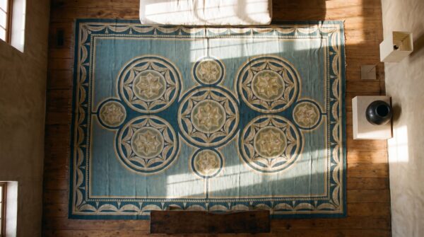 Antique oversized needlepoint portugal flat weave rug (sku 17482) - styled overhead view
