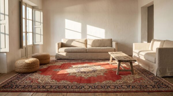 Oversized open red field fine intricate floral gonbad medallion pattern persian tabriz carpet 11 Oversized open red field fine intricate floral gonbad medallion pattern persian tabriz carpet (sku 18702) - room view