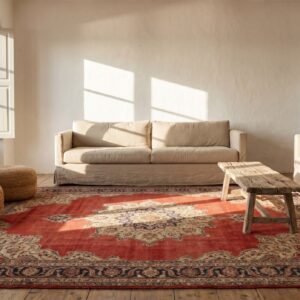Oversized Open Red Field Fine Intricate Floral Gonbad Medallion Pattern Persian Tabriz Carpet (SKU 18702) - styled overhead view