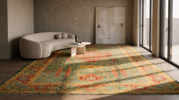 Antique oversized oushak turkish knotted rug 7 Antique oversized oushak turkish knotted rug (sku 20265) - room view