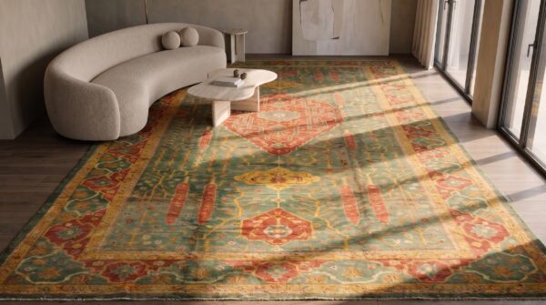 Antique oversized oushak turkish knotted rug 2 Antique oversized oushak turkish knotted rug (sku 20265) - styled overhead view