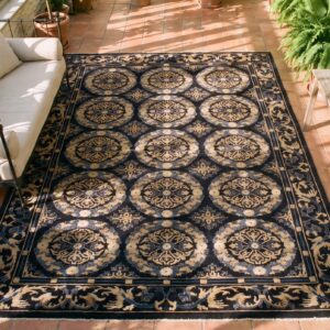 Antique Oversized Peking Chinese Geometric Knotted Rug (SKU 24820) - styled overhead view