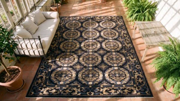 Antique oversized peking chinese geometric knotted rug 2 Antique oversized peking chinese geometric knotted rug (sku 24820) - styled overhead view