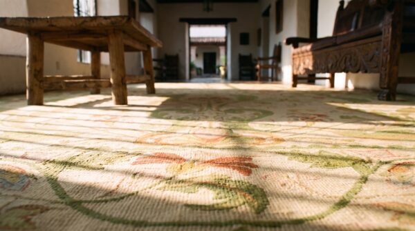 Antique oversized portugal floral, medallion stitched rug 11 Antique oversized portugal floral, medallion stitched rug (sku 25112) - in-room detail