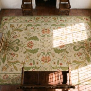 Antique Oversized Portugal Floral, Medallion Stitched Rug (SKU 25112) - styled overhead view