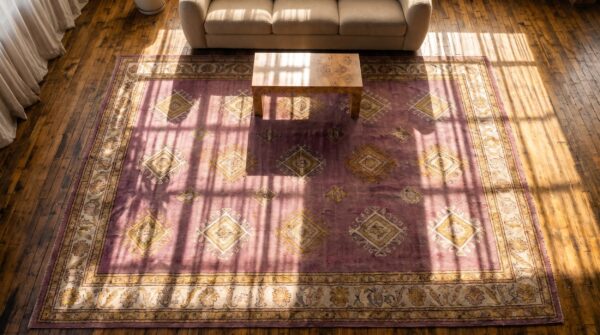 Antique oversized purple color tribal large scale allover design indian agra rug 2 Antique oversized purple color tribal large scale allover design indian agra rug (sku 19468) - styled overhead view