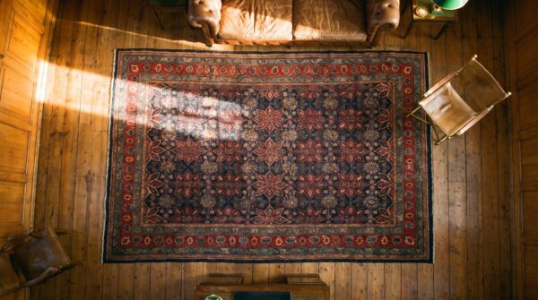 Antique oversized red and blue jewel tones persian bidjar rug 2 Antique oversized red and blue jewel tones persian bidjar rug (sku 19323) - styled overhead view