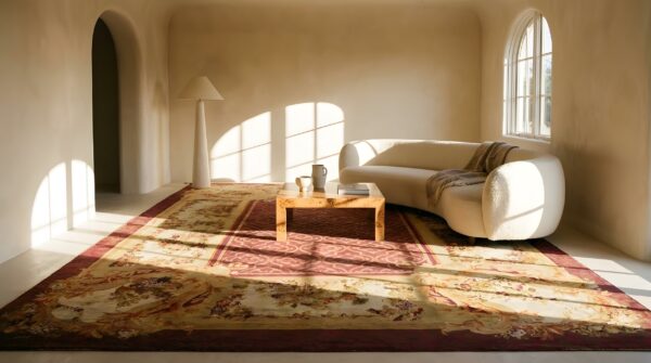 Antique oversized red savonnerie french allover floral knotted rug 9 Antique oversized red savonnerie french allover floral knotted rug (sku 24131) - room view