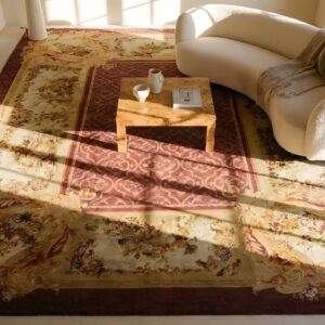 Antique Oversized Red Savonnerie French Allover Floral Knotted Rug (SKU 24131) - styled overhead view