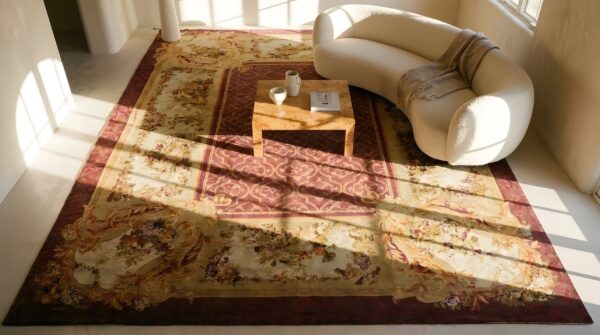 Antique oversized red savonnerie french allover floral knotted rug 2 Antique oversized red savonnerie french allover floral knotted rug (sku 24131) - styled overhead view