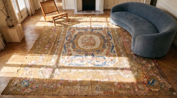 Antique oversized savonnerie french knotted rug 2 Antique oversized savonnerie french knotted rug (sku 19308) - styled overhead view