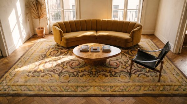 Antique oversized savonnerie french floral knotted rug (sku 24266) - room view