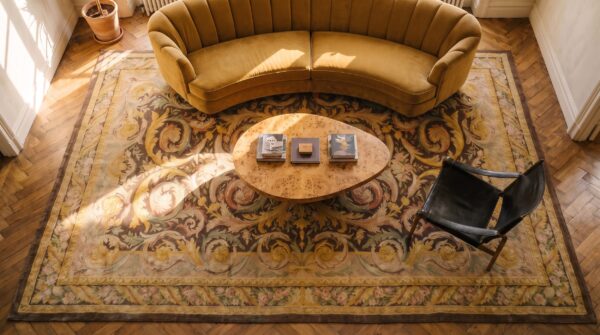 Antique oversized savonnerie french floral knotted rug (sku 24266) - styled overhead view
