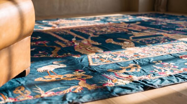 Antique oversized textile chinese allover flat weave rug (sku 23633) - in-room detail