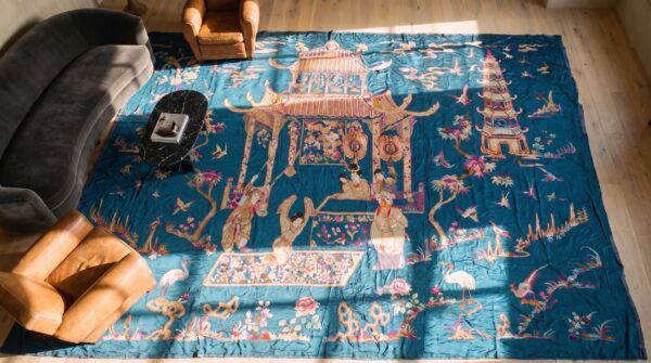 Antique oversized textile chinese allover flat weave rug (sku 23633) - styled overhead view