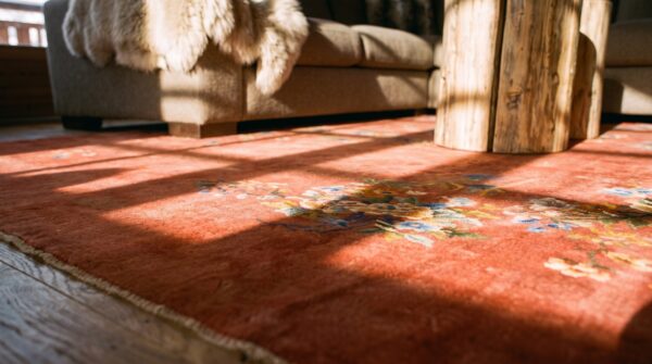 Antique oversized yellow chinese art deco floral knotted rug 6 Antique oversized yellow chinese art deco floral knotted rug (sku 25104) - in-room detail