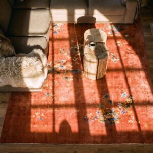 Antique Oversized Yellow Chinese Art Deco Floral Knotted Rug (SKU 25104) - styled overhead view