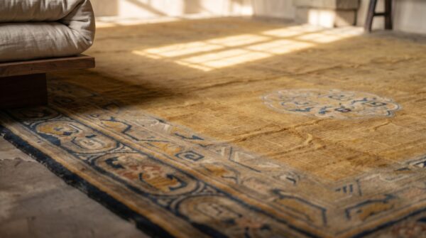 Antique oversized yellow savonnerie austrian knotted rug 7 Antique oversized yellow savonnerie austrian knotted rug (sku 17738) - in-room detail