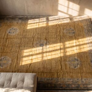 Antique Oversized Yellow Savonnerie Austrian Knotted Rug (SKU 17738) - styled overhead view