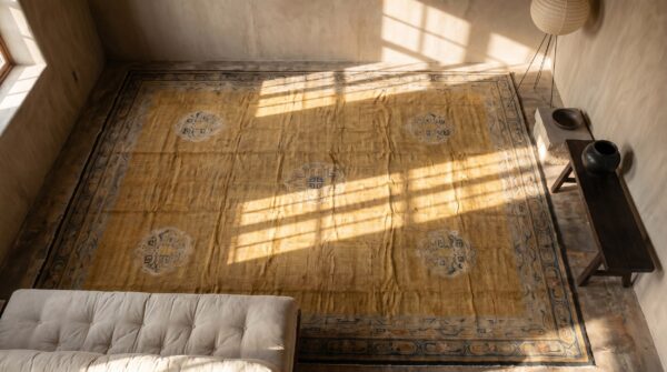 Antique oversized yellow savonnerie austrian knotted rug 2 Antique oversized yellow savonnerie austrian knotted rug (sku 17738) - styled overhead view
