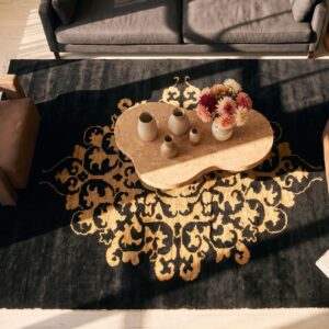 Pair Of Black Antique Artistic Chinese Art Deco Small Scatter Size Area Rugs (SKU 25494) - styled overhead view