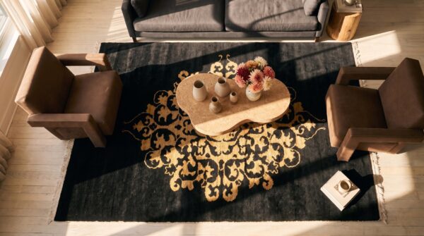Pair of black antique artistic chinese art deco small scatter size area rugs 2 Pair of black antique artistic chinese art deco small scatter size area rugs (sku 25494) - styled overhead view