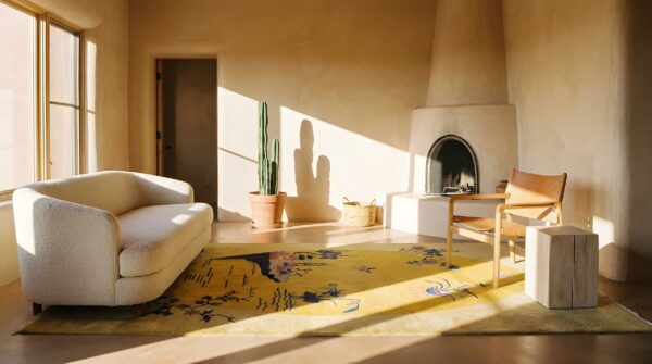 Pair of antique chinese art deco yellow scenic oval rugs 9 Pair of antique chinese art deco yellow scenic oval rugs (sku 23900) - room view